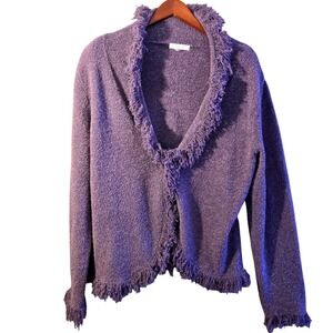 Dressbarn Womens XL Purple Wool Blend Boucle Fringe Trim Open Front Cardigan